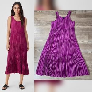 Eileen Fisher Dress Womens XL Magenta Purpler Cushed Silk Tiered Midi Minimalist